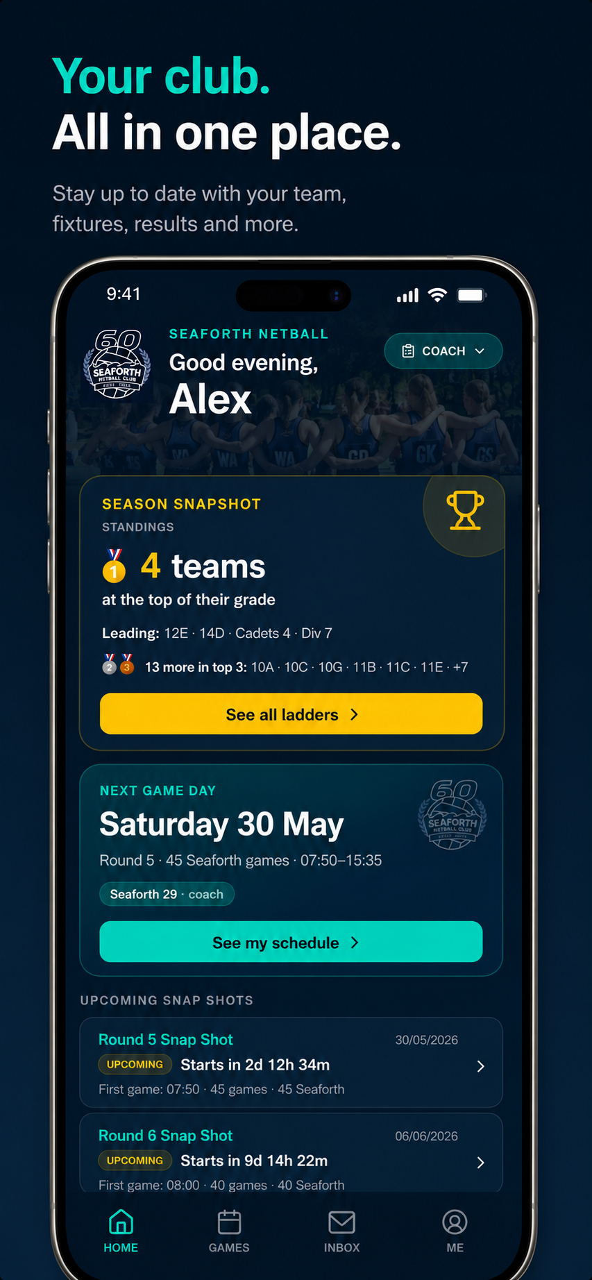 Sideline Pro mobile app — club dashboard with season snapshot, top-of-grade teams and next game