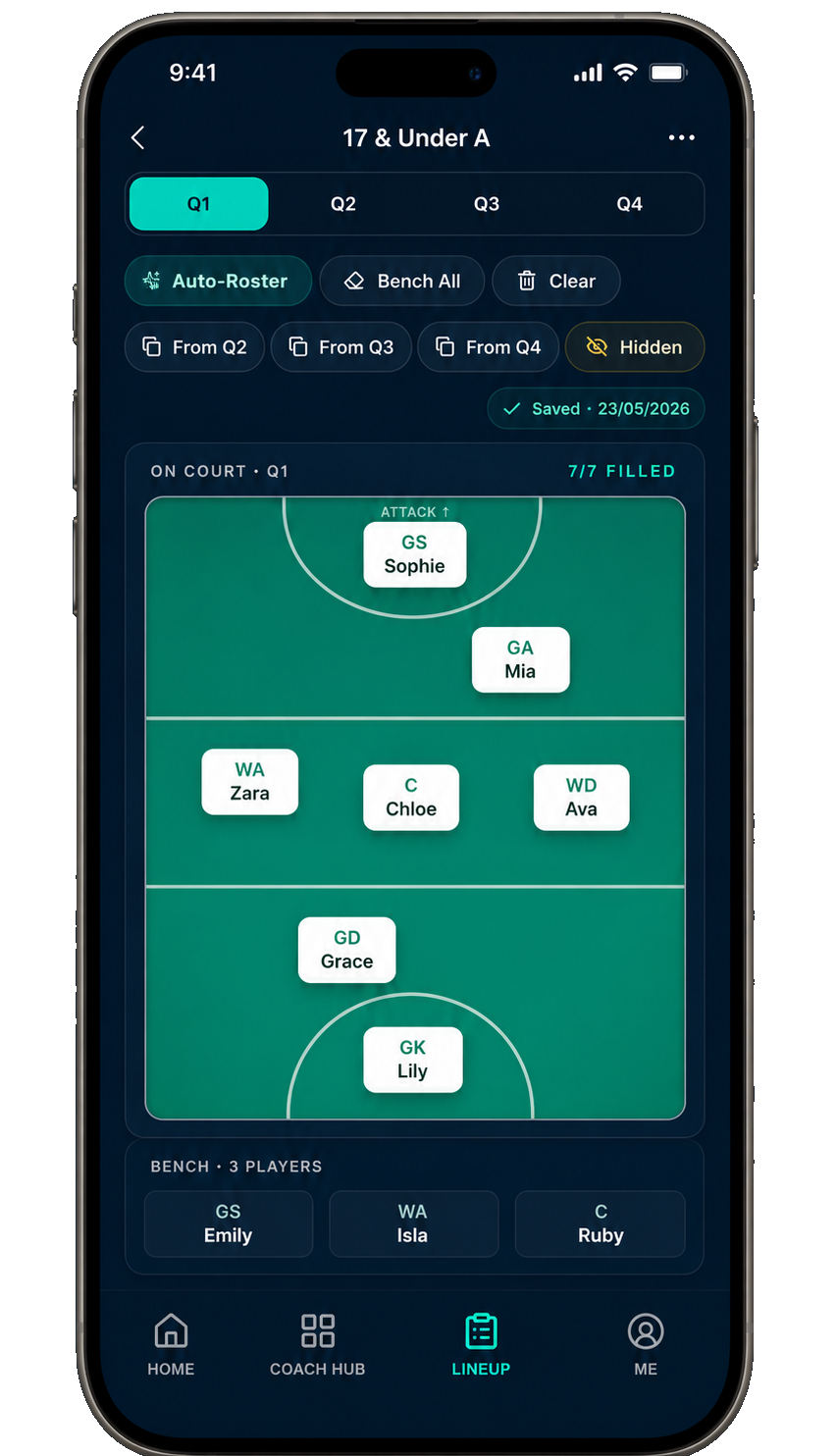 Coach line-up builder app screen