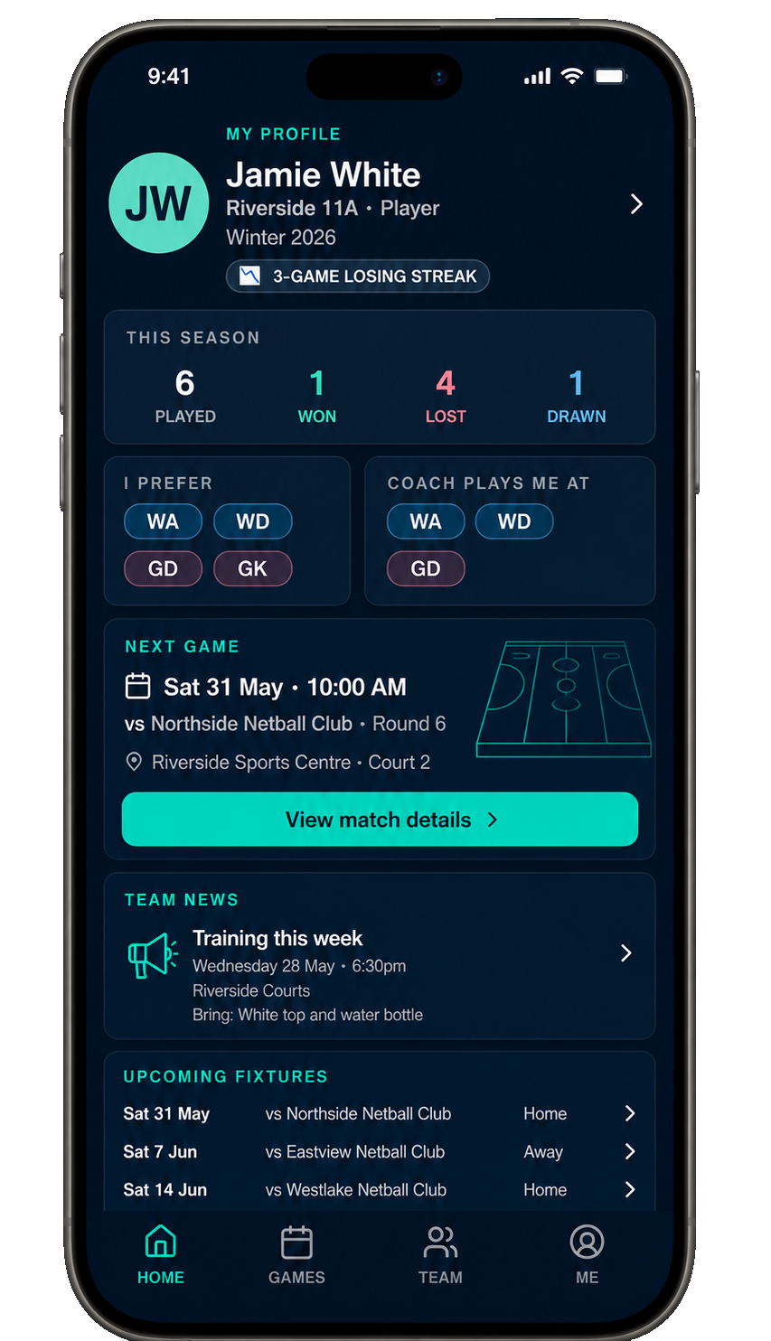Player profile app screen