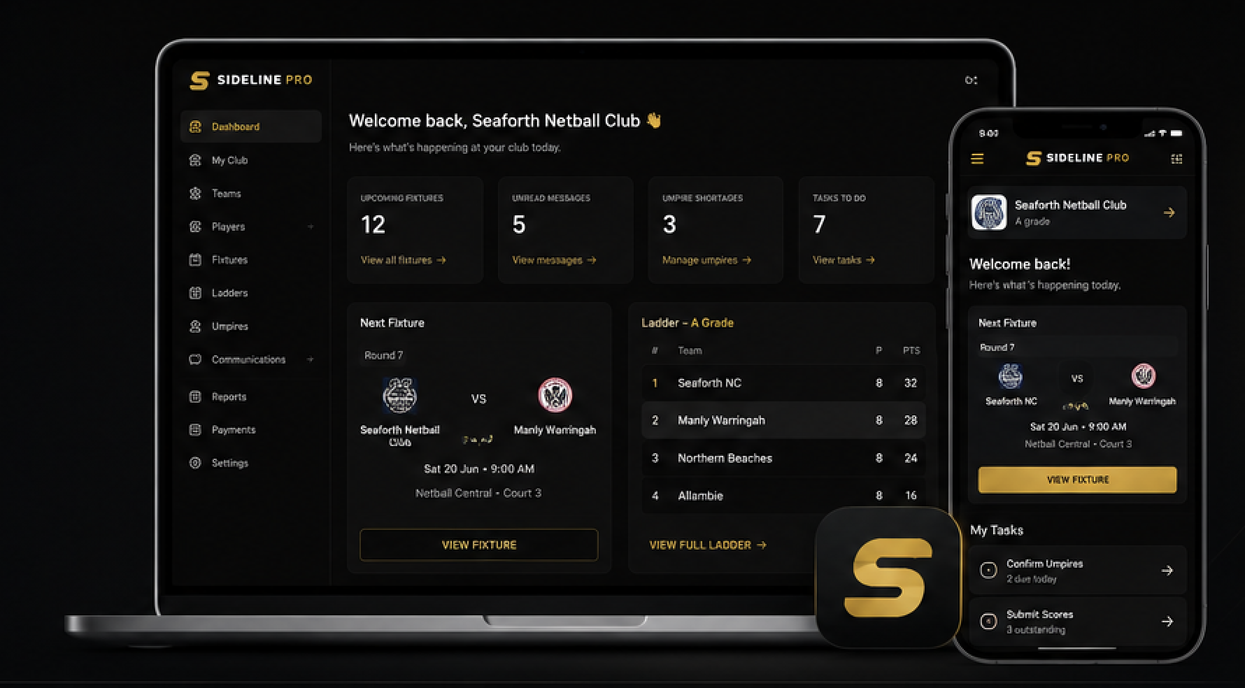 Sideline Pro club dashboard shown on laptop and mobile