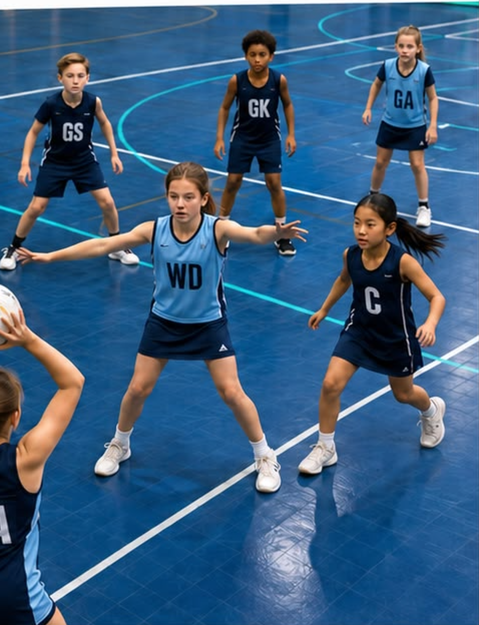 Junior netball game on an indoor court