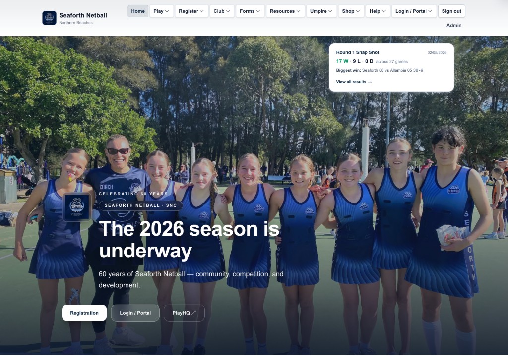 Seaforth Netball Club website — homepage with 2026 season hero, navigation, and Round 1 snapshot